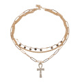 Fashion 3 Layered Necklace For Women With Crucifix Crystal Stone Pendant Necklace